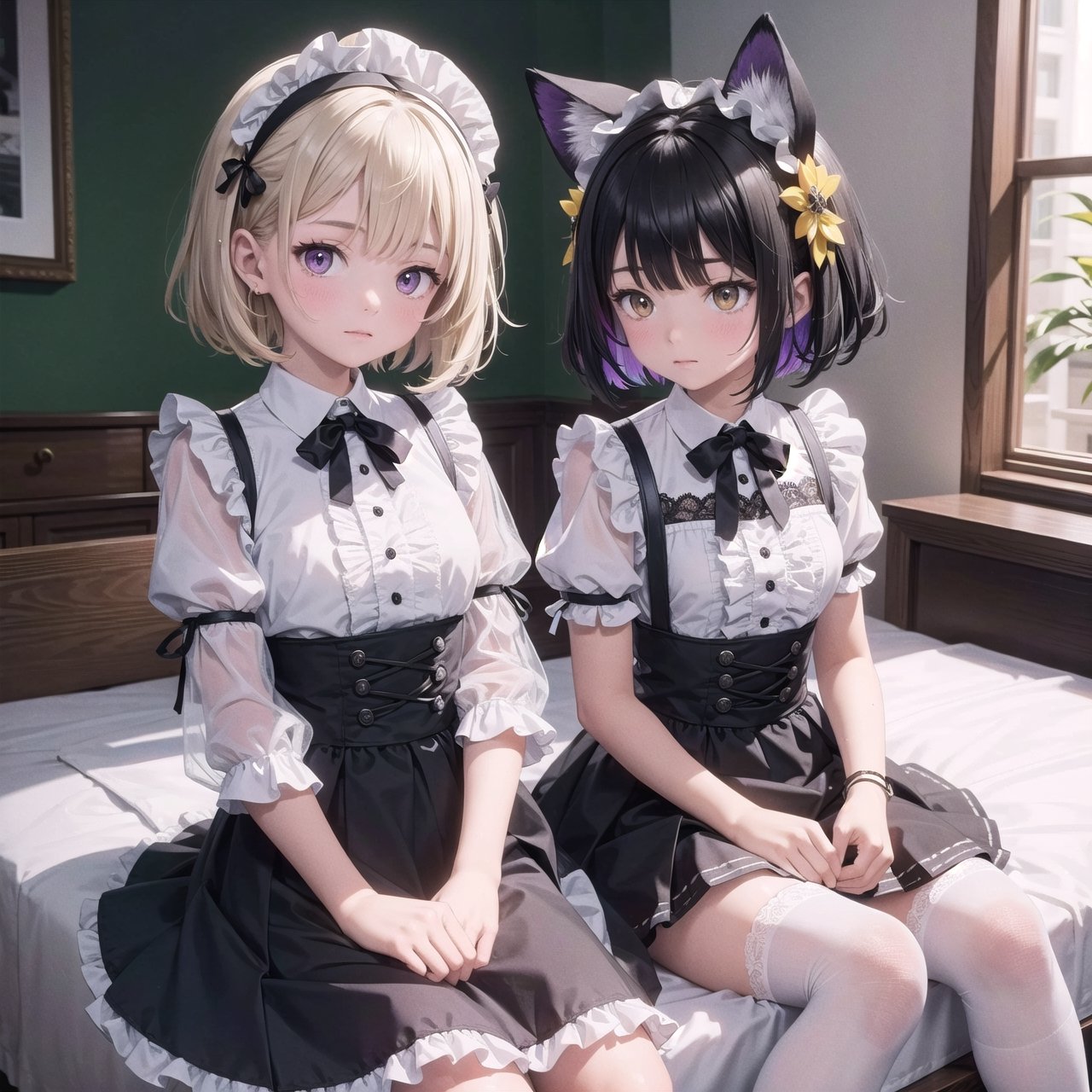 (masterpiece), 2girls, black hair, silver hair, (medium hair), multicolored hair, (yellow eyes:1.05), purple eyes, medium breasts, mecha headgear, maid uniform, white shirt, translucent, wet clothes, short black skirt, lace, frills, lace trims, frilled sleeves, frilled skirt, jirai, jiraikei, lolita fashion, bedroom,