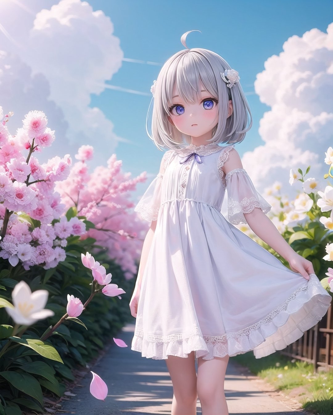 (masterpiece), 1girl, silver hair, medium hair, blue purple eyes, white dress, spring, flowers, petals, windy