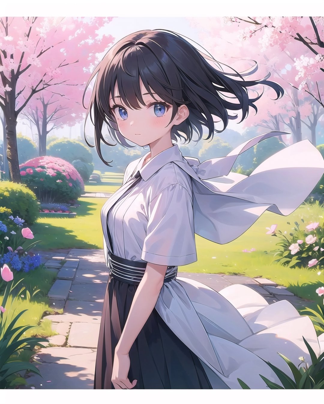 (masterpiece), 1girl, spring, flowers, petals, windy