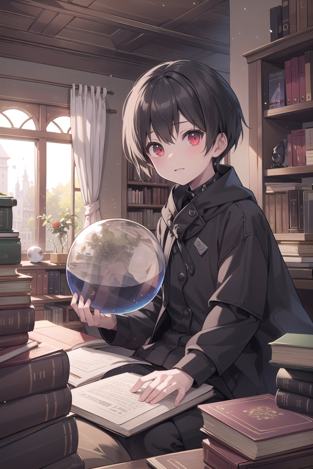 (masterpiece, picture-perfect:1.2), light rays, light particles, indoors, library, bookshelf, book, book stack, too many books, ladder, globe, orb, (crystal ball:1.2), 1girl, facing viewer, (ghoul:1.2), sitting, black hair, red eyes, glowing eyes,kaneki ken