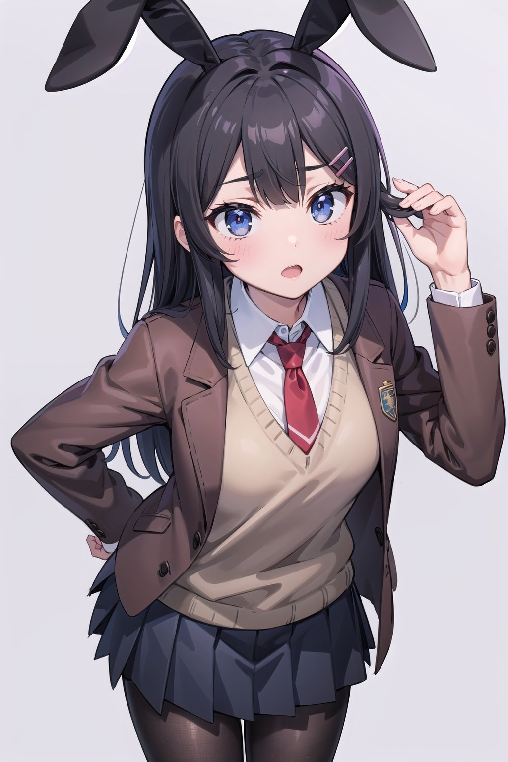 (masterpiece), 1girl, long hair, black hair, blue eyes, red necktie, school uniform, brown jacket, open jacket, (brown blazer:1.2), long sleeves, sweater vest, grey pleated skirt, black pantyhose, rabbit hair ornament, hair clip, sakurajima mai, ph mai