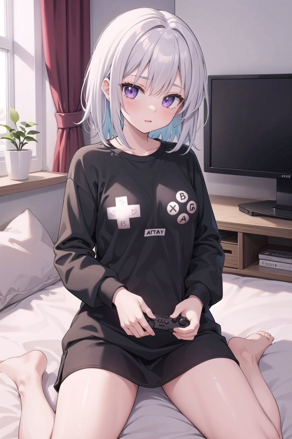 (masterpiece), 1girl, silver hair, medium hair, multicolored hair, purple eyes, medium breasts, long sleeves, indoor, bed, game console, monitor, game controller print, game controller,game controller print