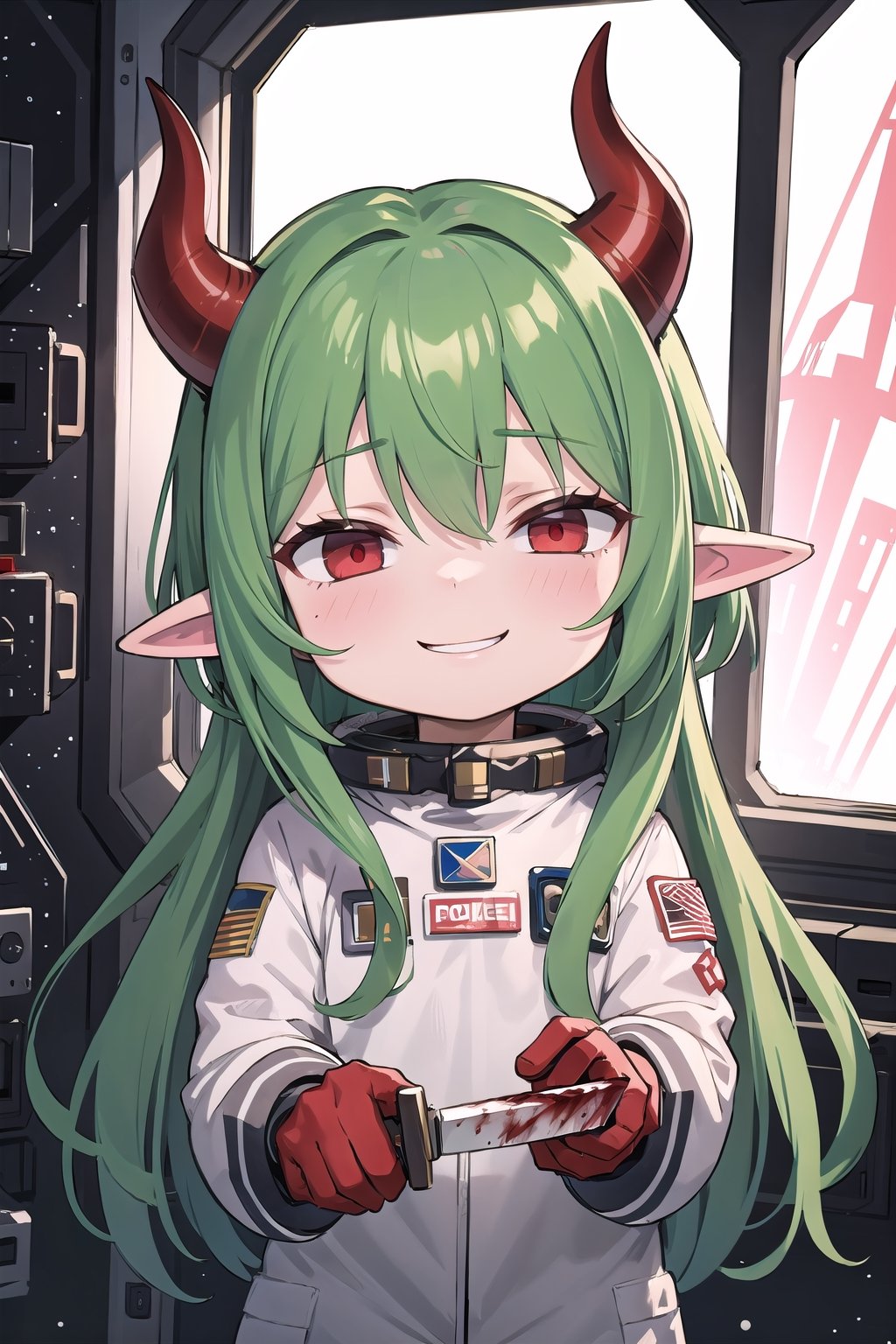 godoacrime, 1girl, among us, green astronaut suit, green hair, red eyes, helmet, transparent helmet, holding bloody knife, in space ship, elf ears, red horns, chibi,IncrsAnyasHehFaceMeme,IncrsDisasterGirlMeme