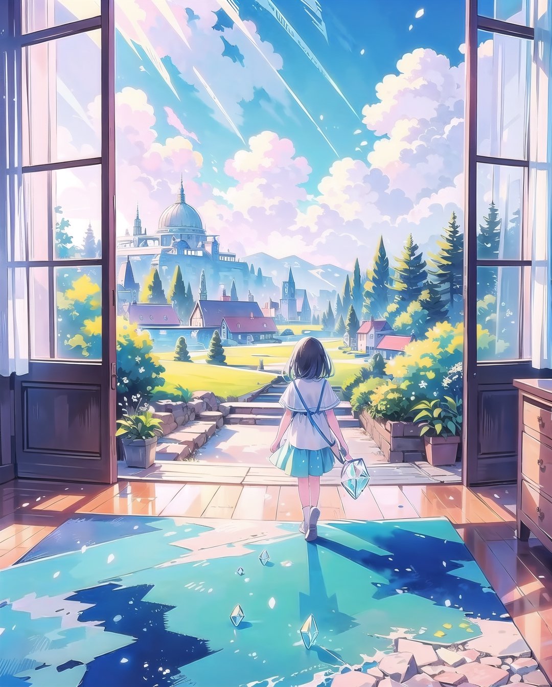 (masterpiece), 1girls, indoor, nature, window, sky, cloudy, colors, soft, cute, style, scenery, watercolor, vibrant, colorful, nature, fantasy, crystral
