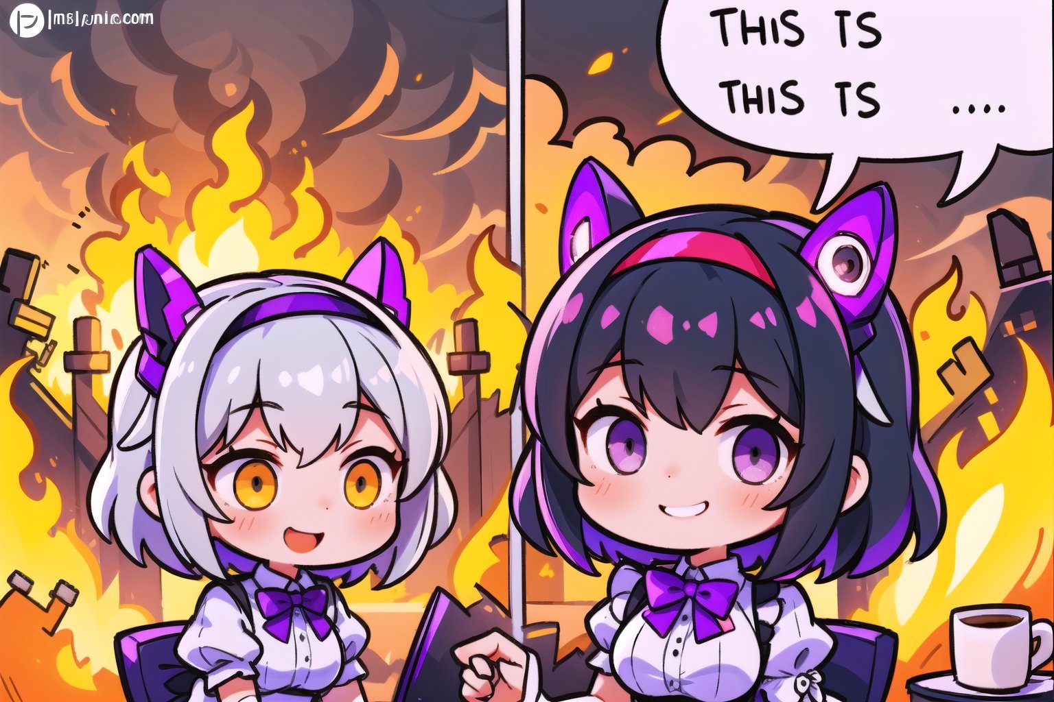 (masterpiece), highly detailed, high quality, perfect lighting, beautiful, 2girls, black hair, yellow eyes, silver hair color, medium hair, multicolored hair, purple eyes, medium breasts, mecha headgear, violet clothes, white shirt, lace, lace rims, purple bowtie, (evil smile), fire, burning, outdoor, DisasterGirlMeme, IncrsDisasterGirlMeme,IncrsDisasterGirlMeme,IncrsThisIsFineMeme, maid