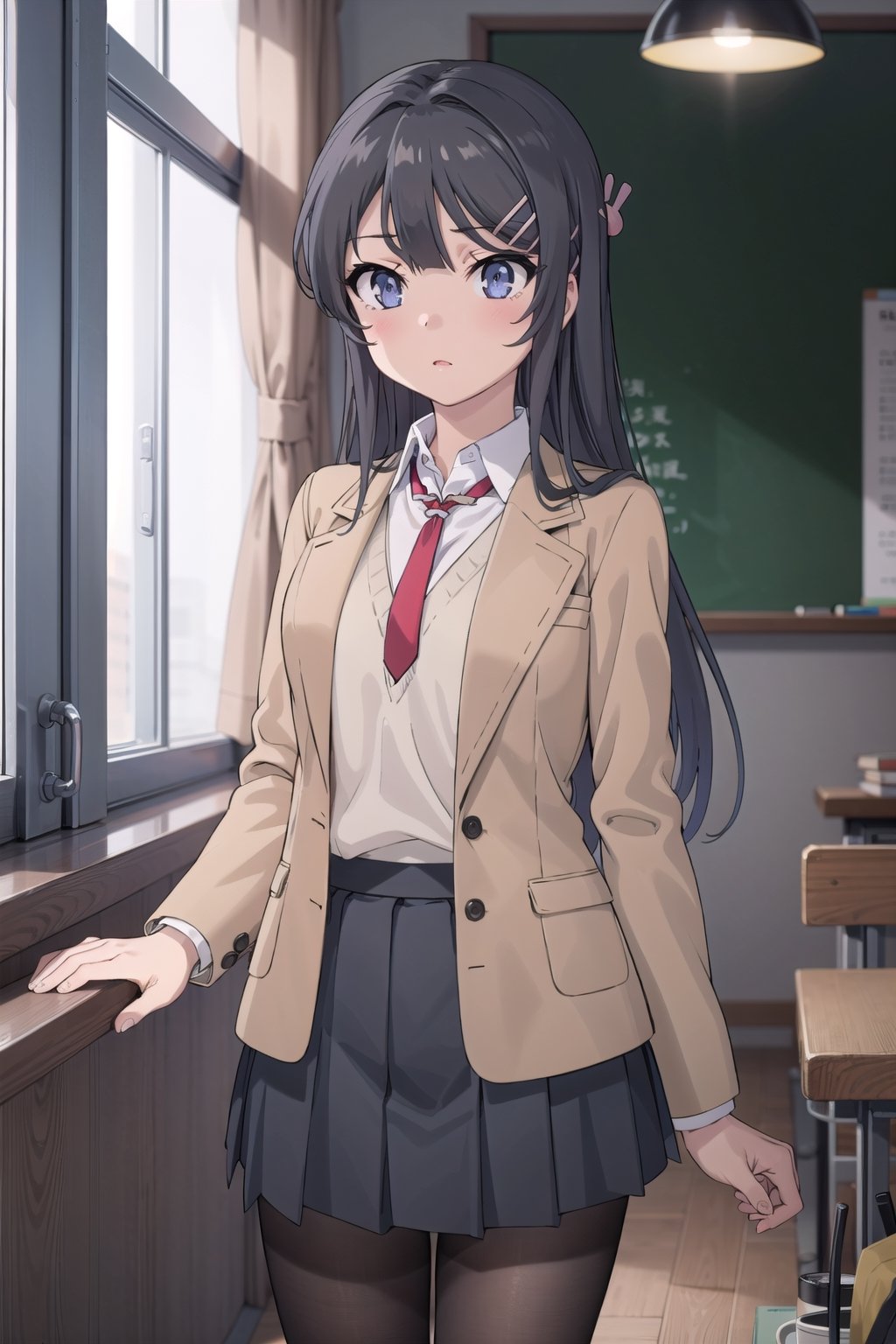 (masterpiece), best quality, high resolution, highly detailed, detailed background, perfect lighting, 1girl, long hair, black hair, blue eyes, red necktie between breasts, school uniform, brown jacket, open jacket, (brown blazer:1.2), long sleeves, grey pleated skirt, black pantyhose, hair ornament, hair clip, sakurajima mai, ph mai