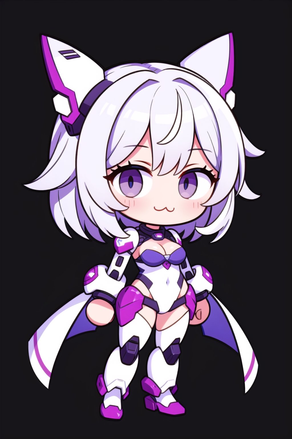 (masterpiece), (masterpiece), 1girl, silver hair color, medium hair, multicolored hair, purple eyes, medium breasts, mecha headgear, narrow eyes, tilt head, full body, chibi, :3, Neco Arc