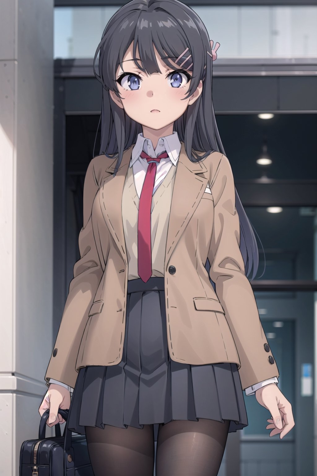 (masterpiece), best quality, high resolution, highly detailed, detailed background, perfect lighting, 1girl, long hair, black hair, blue eyes, red necktie between breasts, school uniform, brown jacket, open jacket, (brown blazer:1.2), long sleeves, grey pleated skirt, black pantyhose, hair ornament, hair clip, sakurajima mai, ph mai