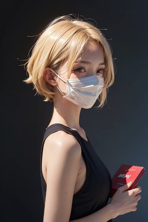 a 18 years old woman, alan walker style, long blonde hairs, smiled face, holding a box of mask, (hi-top fade:1.3), dark theme, soothing tones, muted colors, high contrast, (natural skin texture, hyperrealism, soft light, sharp), wide shot