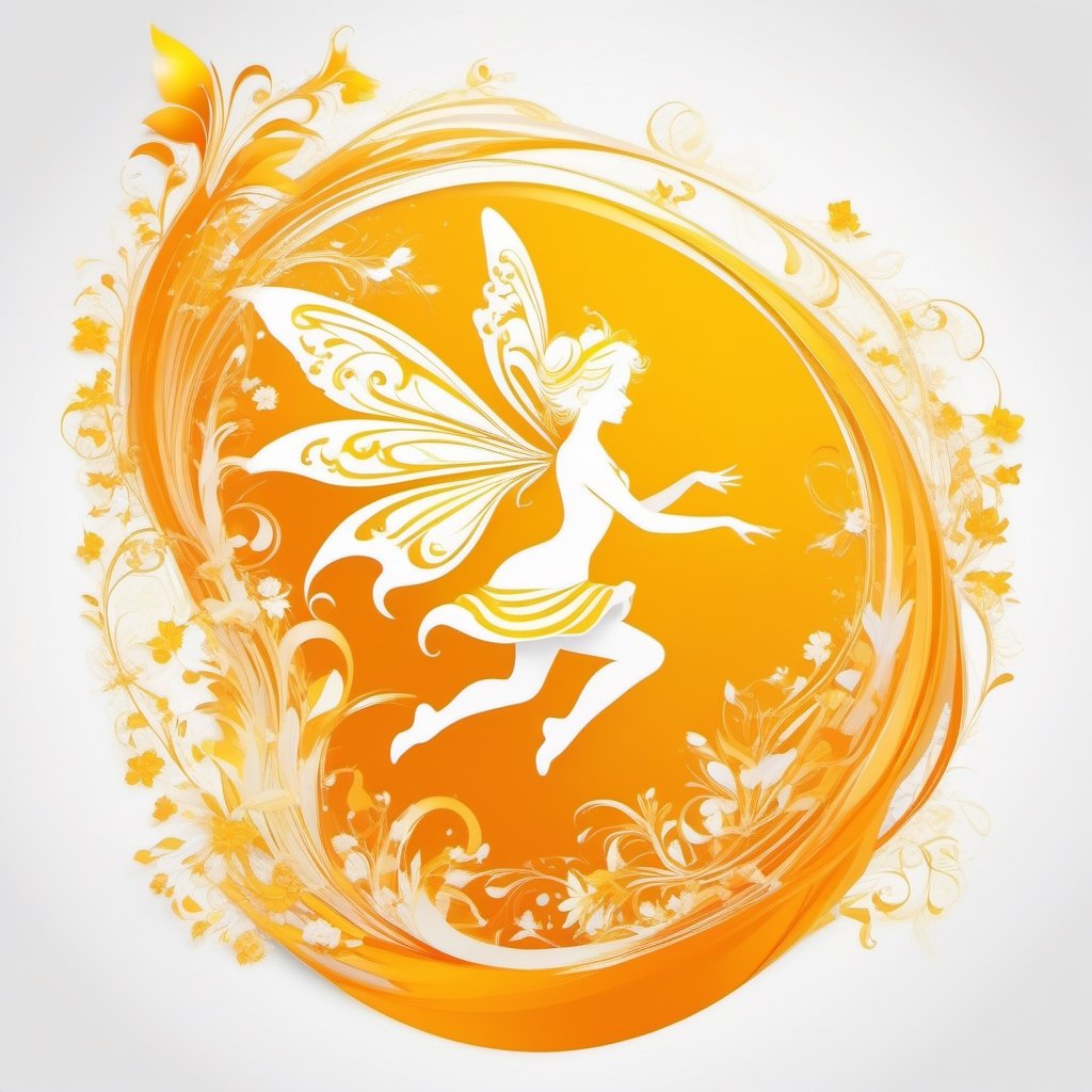 vector Silhouette illustration art, a pixie fairy dancing in air,  liquid ink, [white : yellow: orange ] , calligraphic, arabesque, modern Minimalist painting, 2D,  glossy, intricate, highly detailed, high contrast, vibrant , 32K,  centered, bright, clear, sharp, ethereal, ultra hd, Sparkling, denoise,  pixabay , digital illustration, rococo, feminin