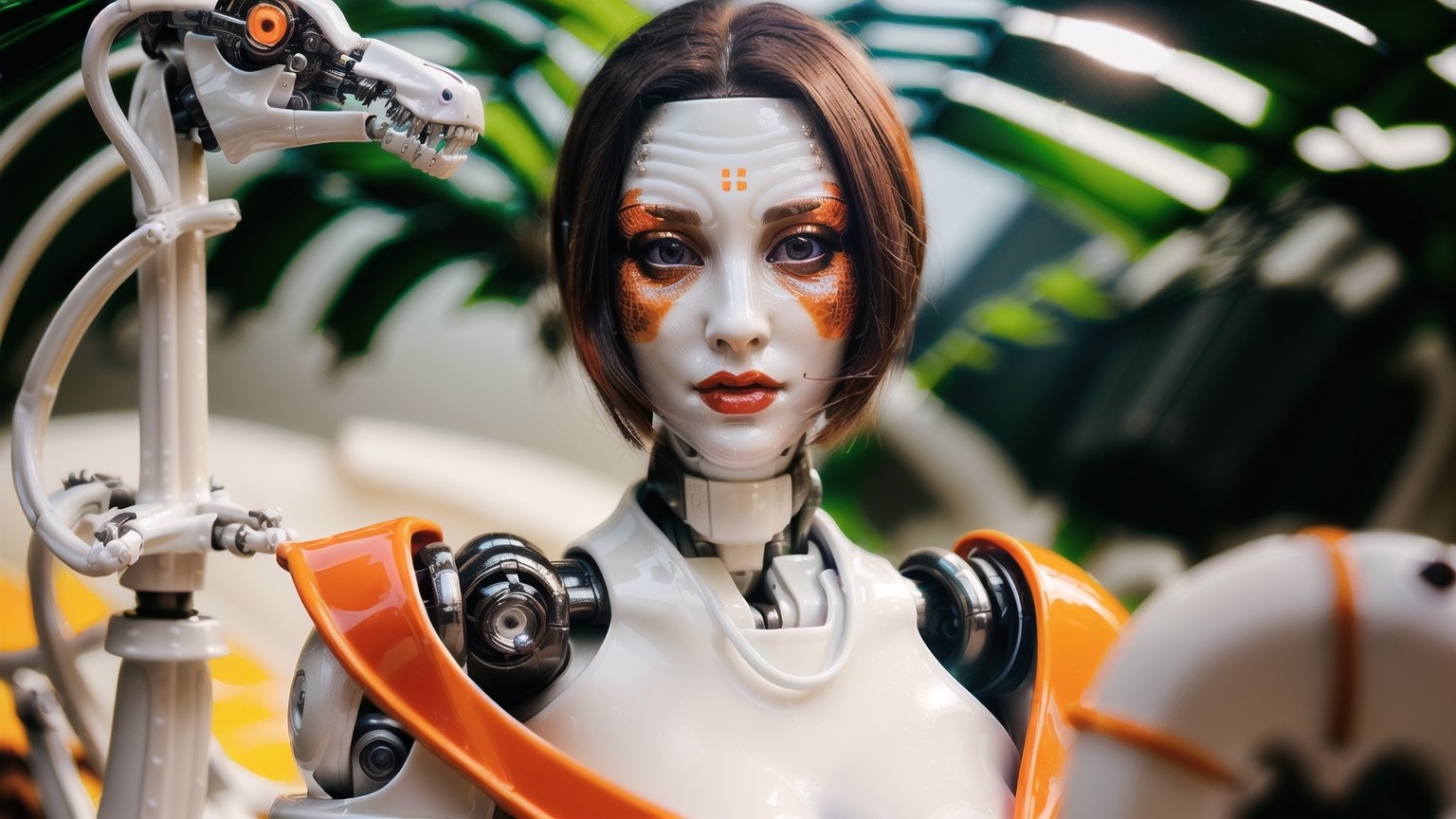 (((1 white glossy plastic android humanoid female cyborg with porcelain face dressed in orange dress))), ((stands at the huge mechanical dinosaur)), ((morning jungle nature background)), photorealistic, 8k, depth of field, masterpiece, extremely realistic photo, insanelly detailled, shot on Canon EOS 5D Mark IV DSLR, 85mm lens, award winning photograph, 