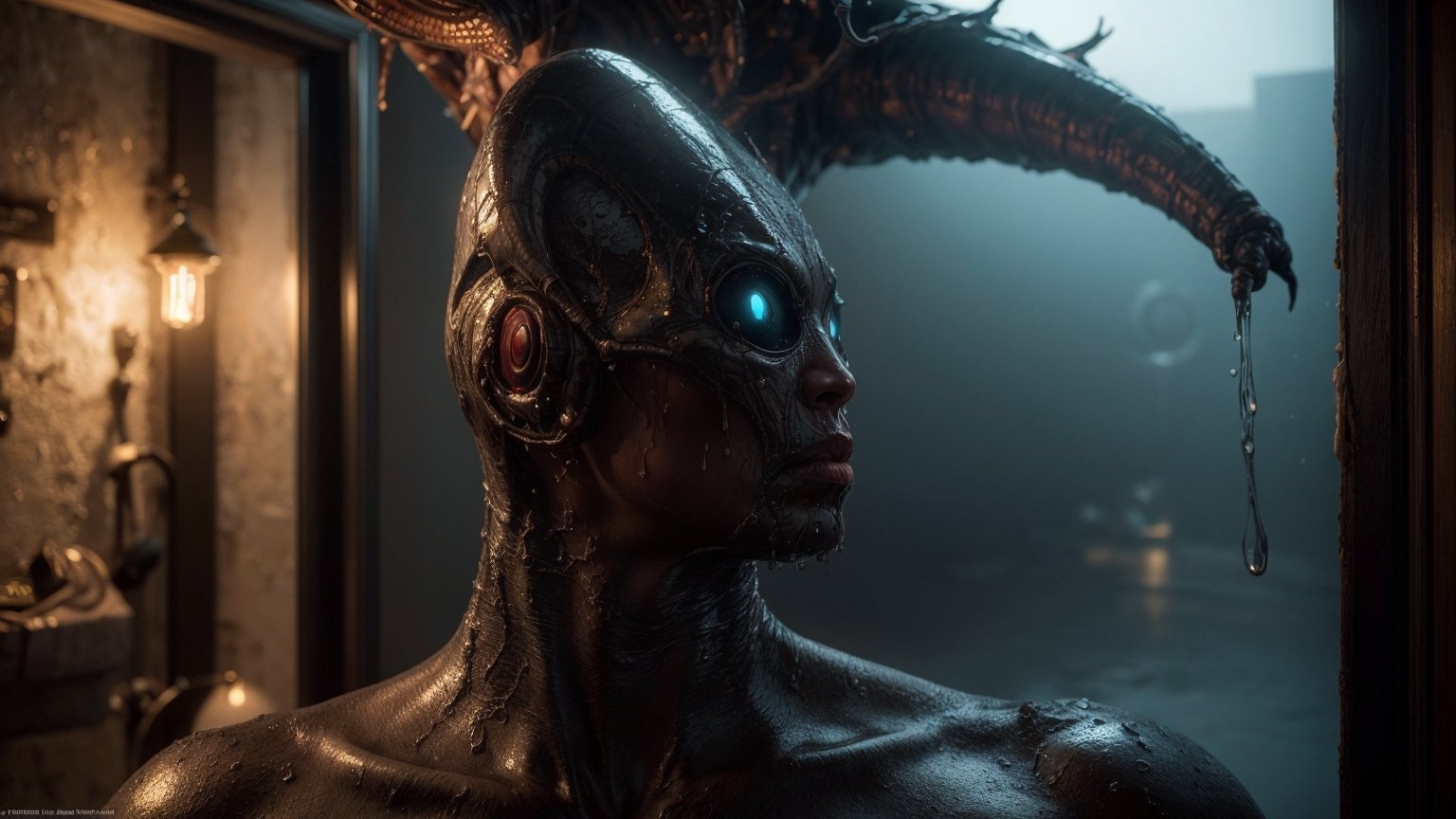 masterpiece, a creepy scary alien creature with alien skin and clothing, with a damp and steamy highly detailed spaceship corridor in the background, sci-fi, flickering halogen lamps, muted dark colors, high dynamic range, aggressive pose, sultry, full body, perfect face, detailed face, perfect body, alien tattoos, scars, smudge, oil greased skin, complex details, highly detailed body, highly detailed skin, highly detailed face, reflective textures, wet skin, dripping water, The Alien film franchise, photorealistic, masterpiece, hyperrealism, analog style, 8K UHD, RAW, octan render, concept art, professionally color graded, muted LUT, HR Giger, Hans Ruedi Giger, by Aaron Horkey and Jeremy Mann