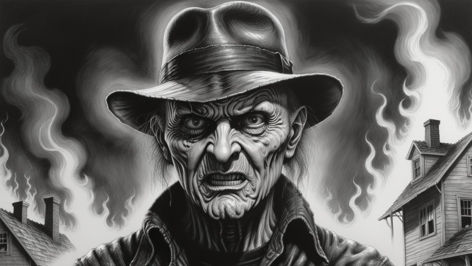 close-up shot of H.R. Giger angry freddy krueger from "A Nightmare on Elm Street" movie in hat standing against the backdrop of a burning house, art by Stephen Gammell, BW ink pen sketch, BW, ultra detailed, ultra realistic, 8K, photographic, masterpiece