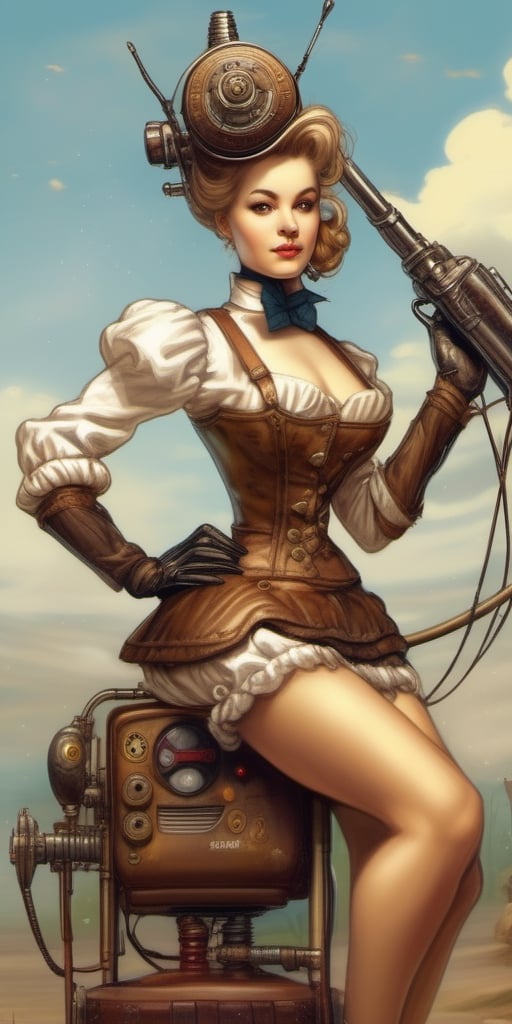 Splash art, 1890s pinup style. A complete body form of a stunningly beautiful, Steampunk-style humanoid robot, a radio antenna attached to her head, armed with a rifle. Masterpiece, Best Quality, detailed, realistic.