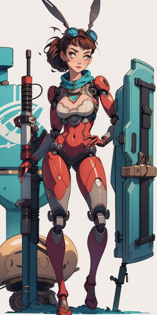 Splash art, 1890s pinup style. A complete body form of a stunningly beautiful, Steampunk-style humanoid robot, a radio antenna attached to her head, armed with a rifle. Masterpiece, Best Quality, detailed, realistic.
