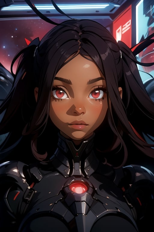 (detailed face:1.2), (looking at viewer:1.2), centered, (upper body), photography of a 22yo woman, masterpiece, | (beautiful detailed eyes:1.2), dark skin tone, messy short twin tails hair, crimson hair color, light red eyes, bright shiny space armor spcae surounded by aliens from the movie HR Giger Ridley Scott 