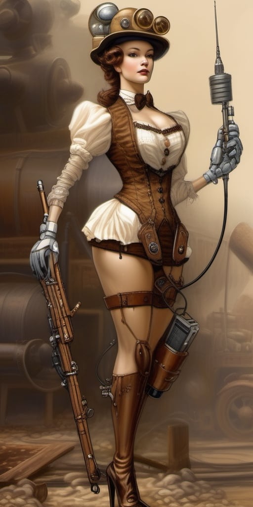 Splash art, 1890s pinup style. A complete body form of a stunningly beautiful, Steampunk-style humanoid robot, a radio antenna attached to her head, armed with a rifle. Masterpiece, Best Quality, detailed, realistic.