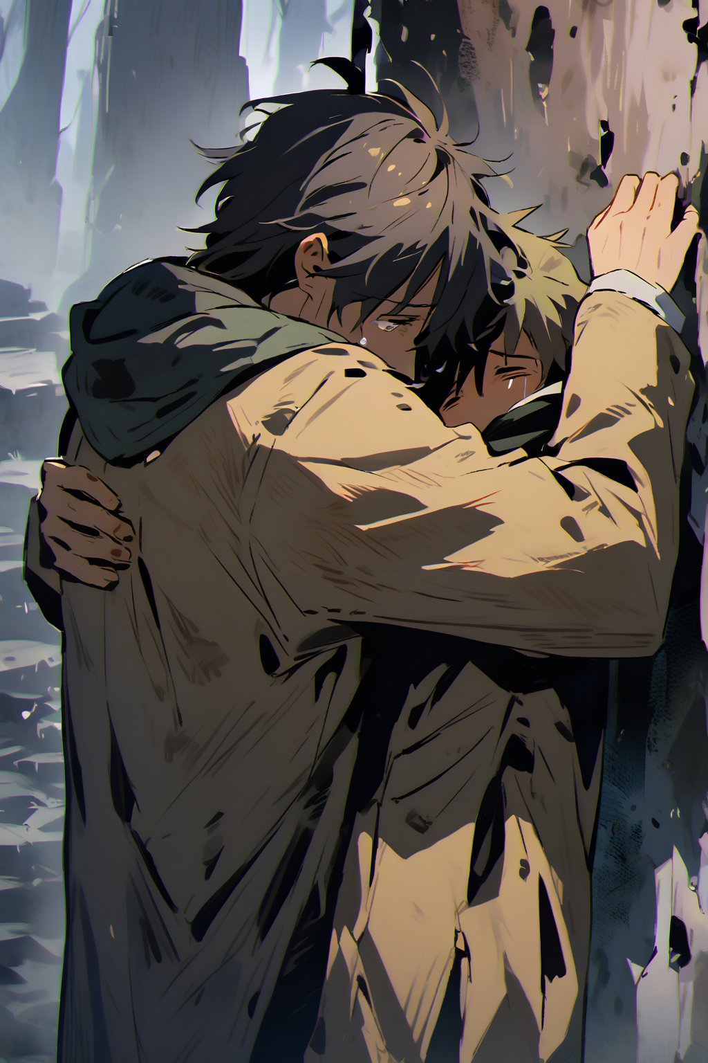 Father and son, hug, cold and sad atmosphere, decrepit background, image from afar, crying