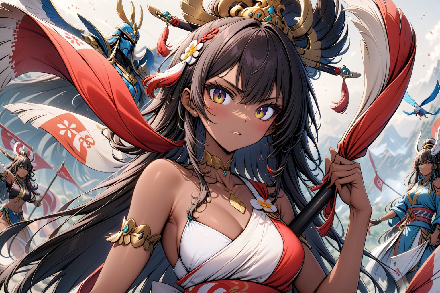 cenital plane, skin flag of Perú perfect and detail, person with the flag of Perú in the background, epic, Dark skin,
,SakayanagiArisu,Expressiveh,japanese_goddess