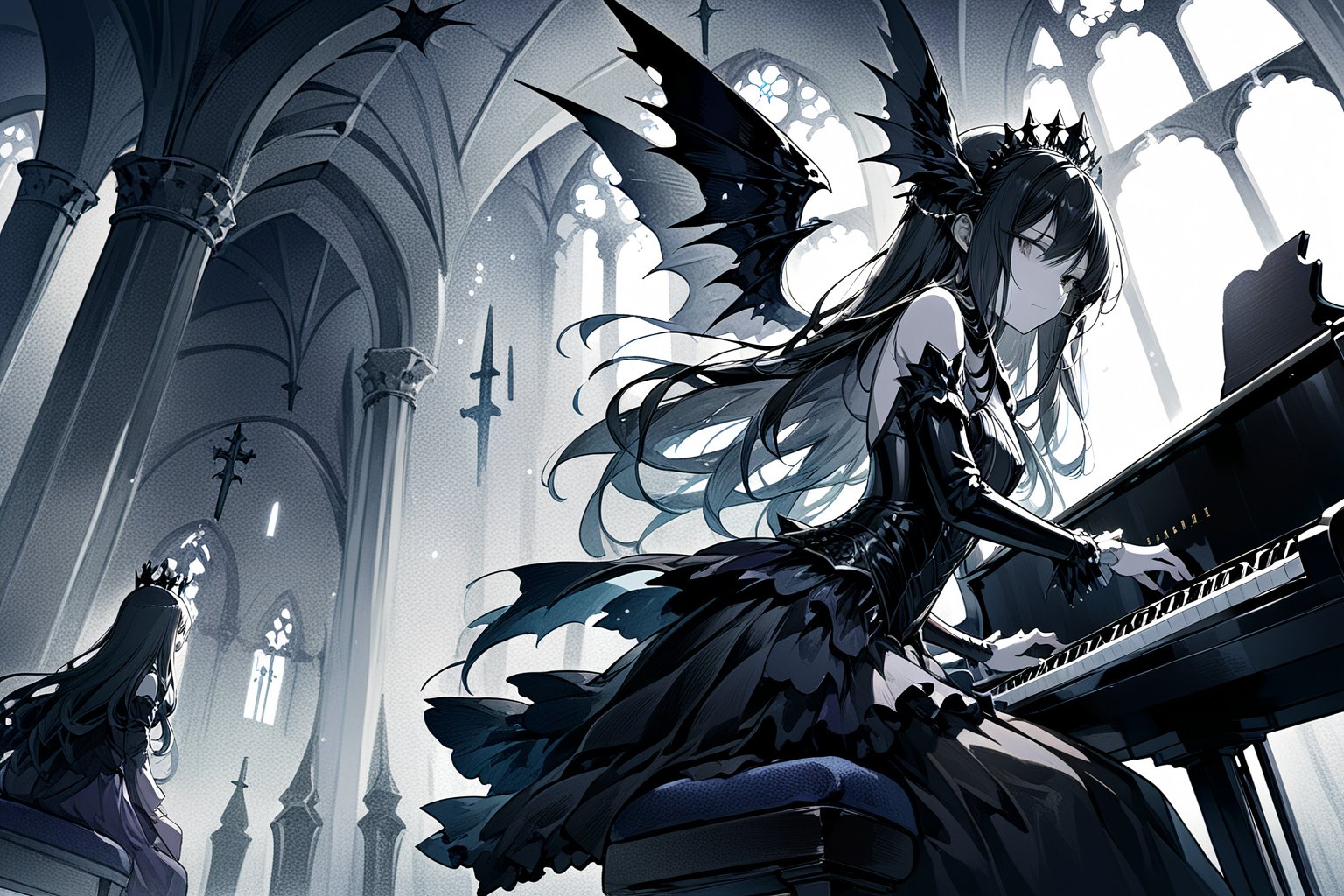 Anime style, a large winged vampire queen, sad, face perfect ultra detailed,  playing the piano, perfect and detailed face, finely complete armor, sitting, background inside a depressing church,