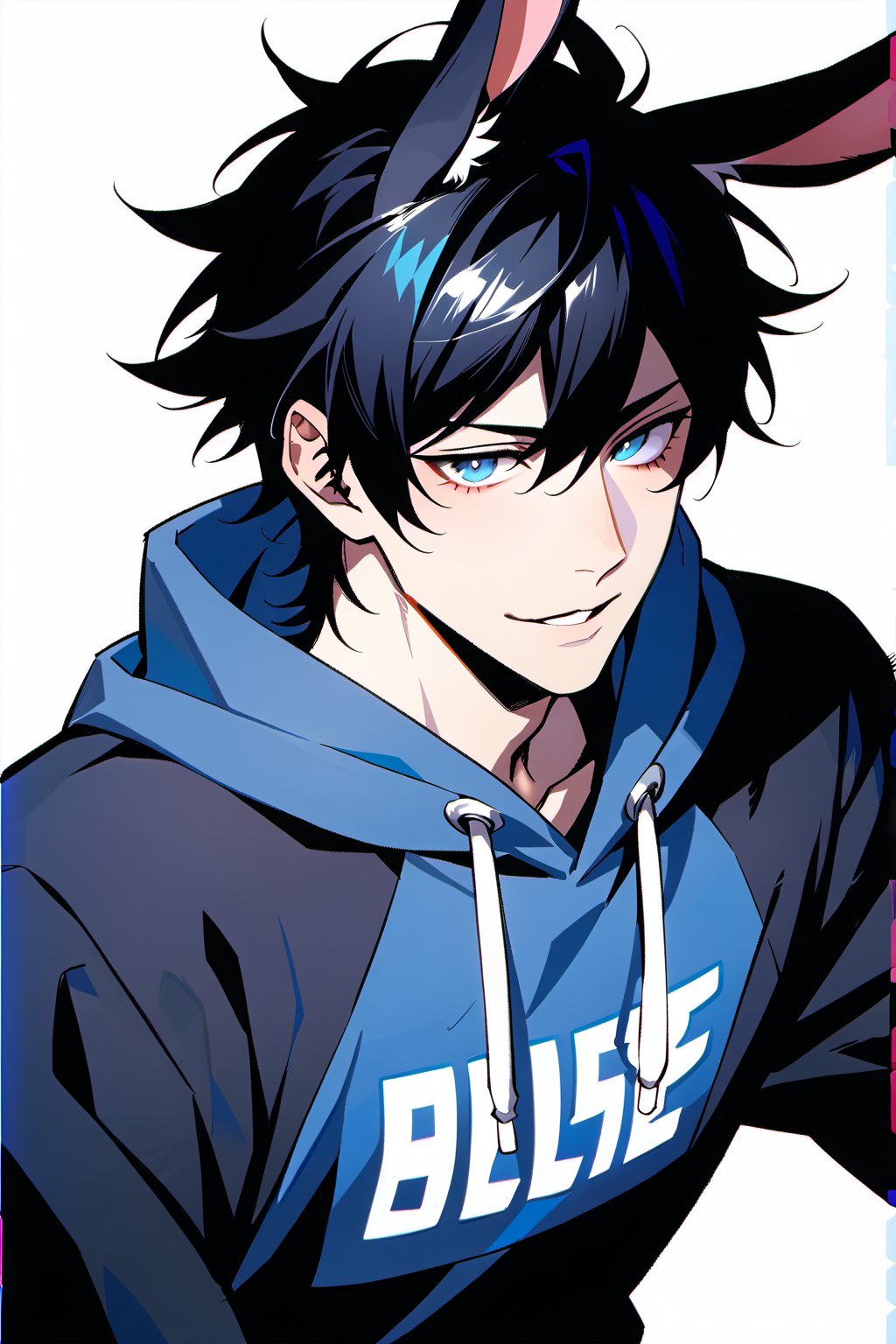 1boy rabbit boy, eyes of two colors, (((1eye red and the other 1eye blue))), black hair, dark blue sweatshirt,rabbit ears,doomerboy