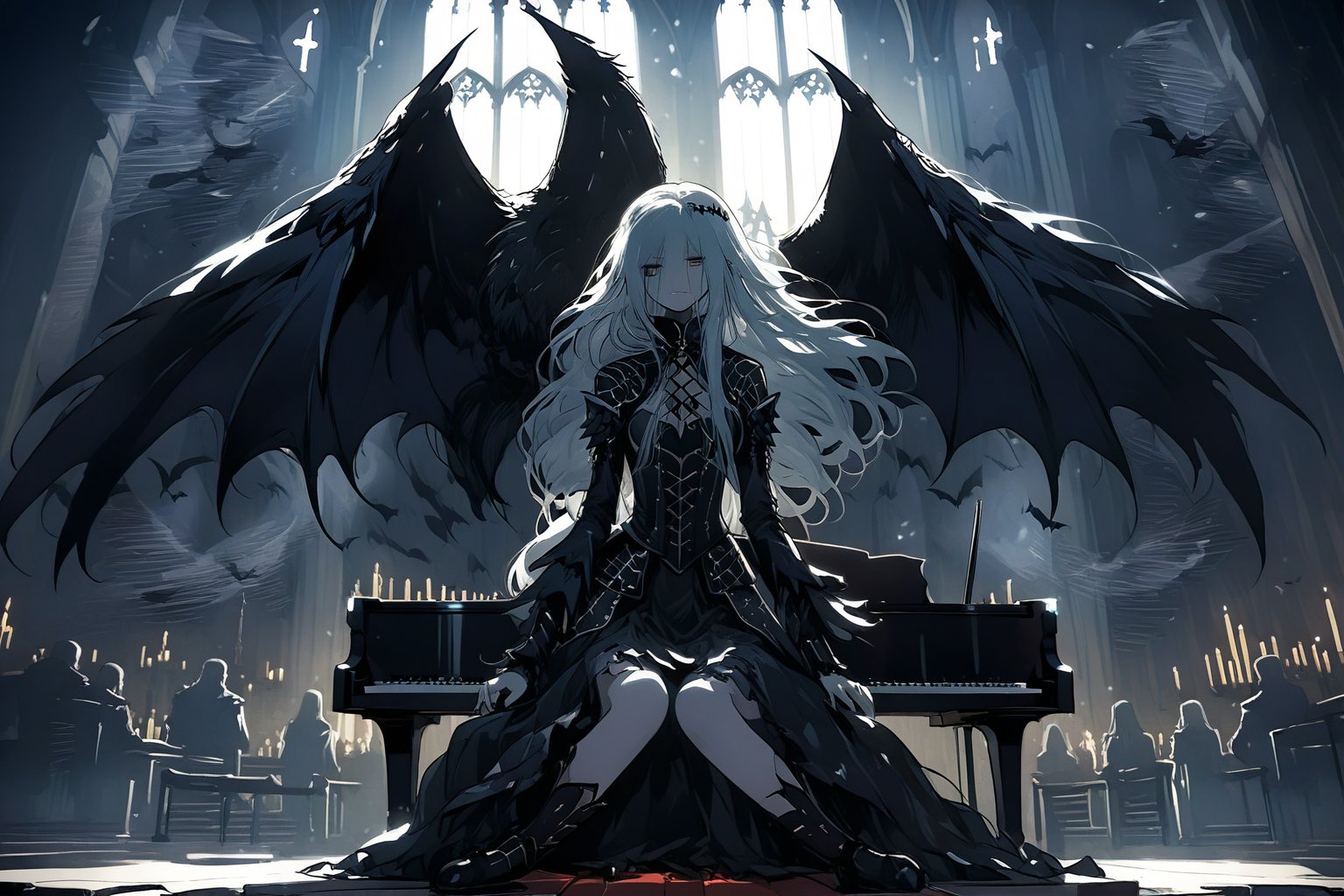 Anime style, a large winged vampire queen, sad, playing the piano, perfect and detailed face, finely complete armor, sitting, background inside a depressing church,