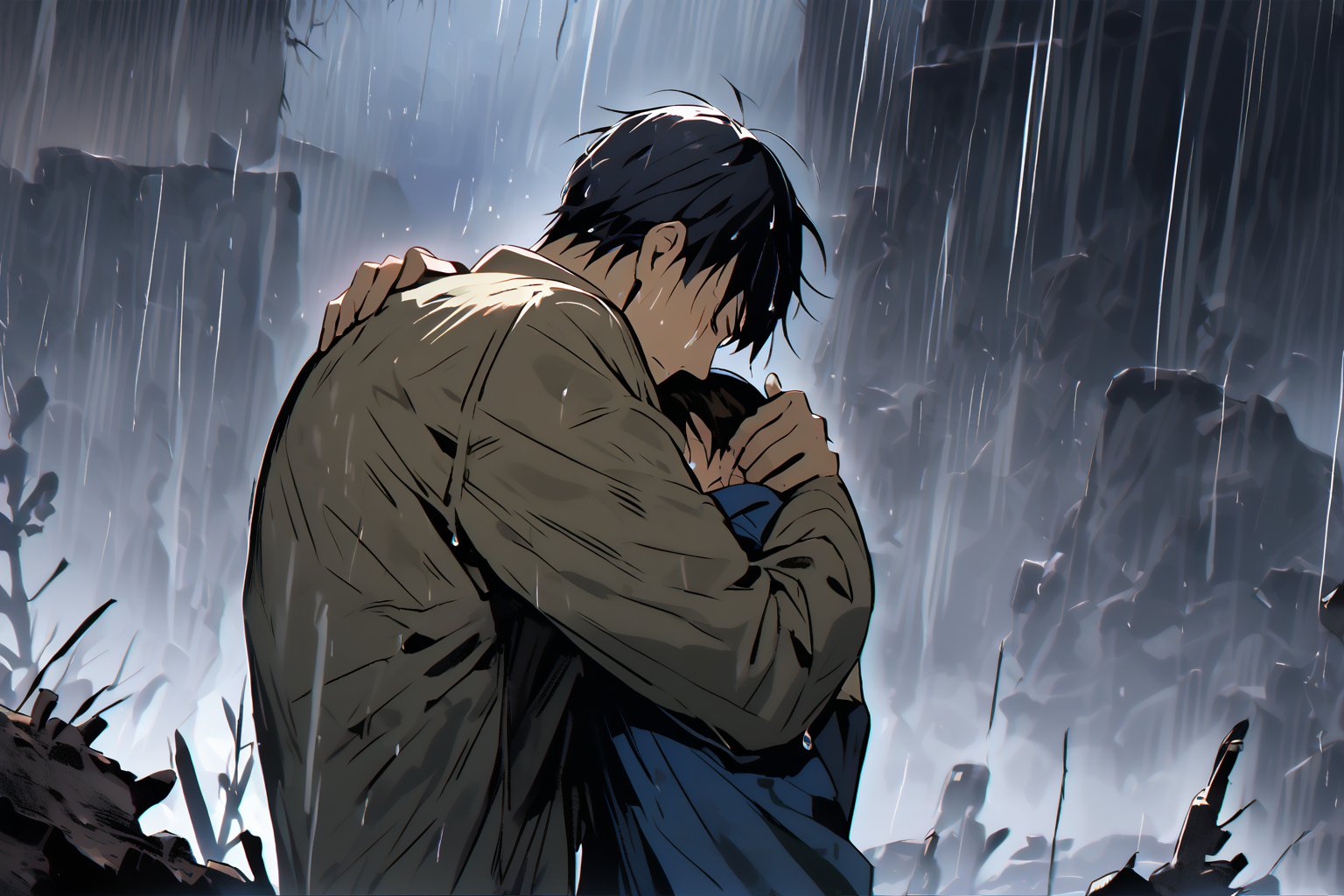 Father and son, hug, cold and sad atmosphere, decrepit background, image from afar, crying, rain