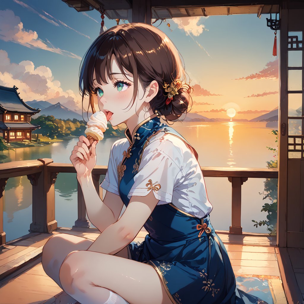 score_9, score_8_up, score_7_up, masterpiece,1girl,young,brunette,High-class cheongsam,long_hair,stockings,Graceful,luxurious,On the balcony of a Japanese-style house,sunset, gentle light,8K,uncensored,licking ice cream,shy,china dress,close_up,Erotic expressions,sexy_pose,jyojifuku,side_view,skirt,censored,(Text:1.4)