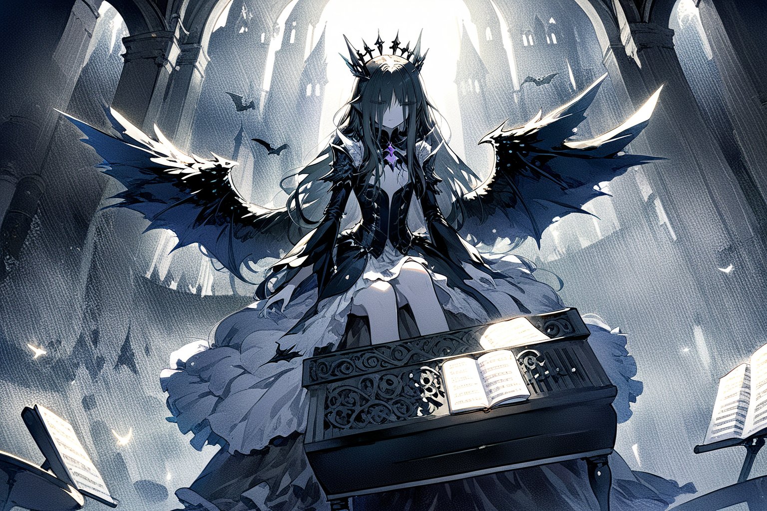 Anime style, a large winged vampire queen, sad, face perfect ultra detailed,  playing the piano, perfect and detailed face, finely complete armor, sitting, background inside a depressing church,