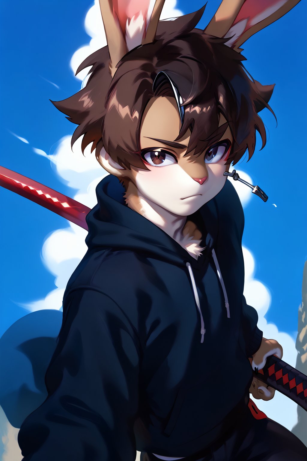 1boy rabbit boy, eyes of two colors, (((1eye red and the other 1eye blue))), black hair, dark blue sweatshirt,rabbit ears, solo, 1boy,jun kuramochi, brown hair,daisuke sorachi,battoujutsu,anthro,furry,ssource_furry,score_9