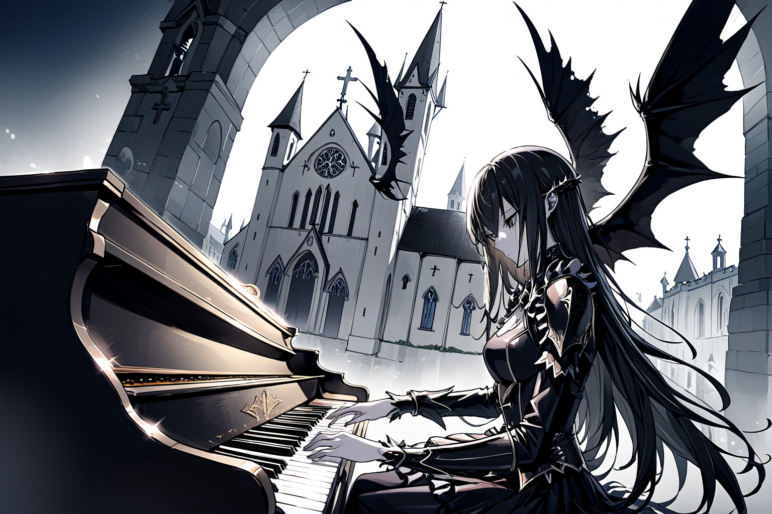 Anime style, A large winged vampire queen, sad, playing the piano, perfect detailed face, finely complete armor, sitting, depressing church background, DonMBl00mingF41ryXL,