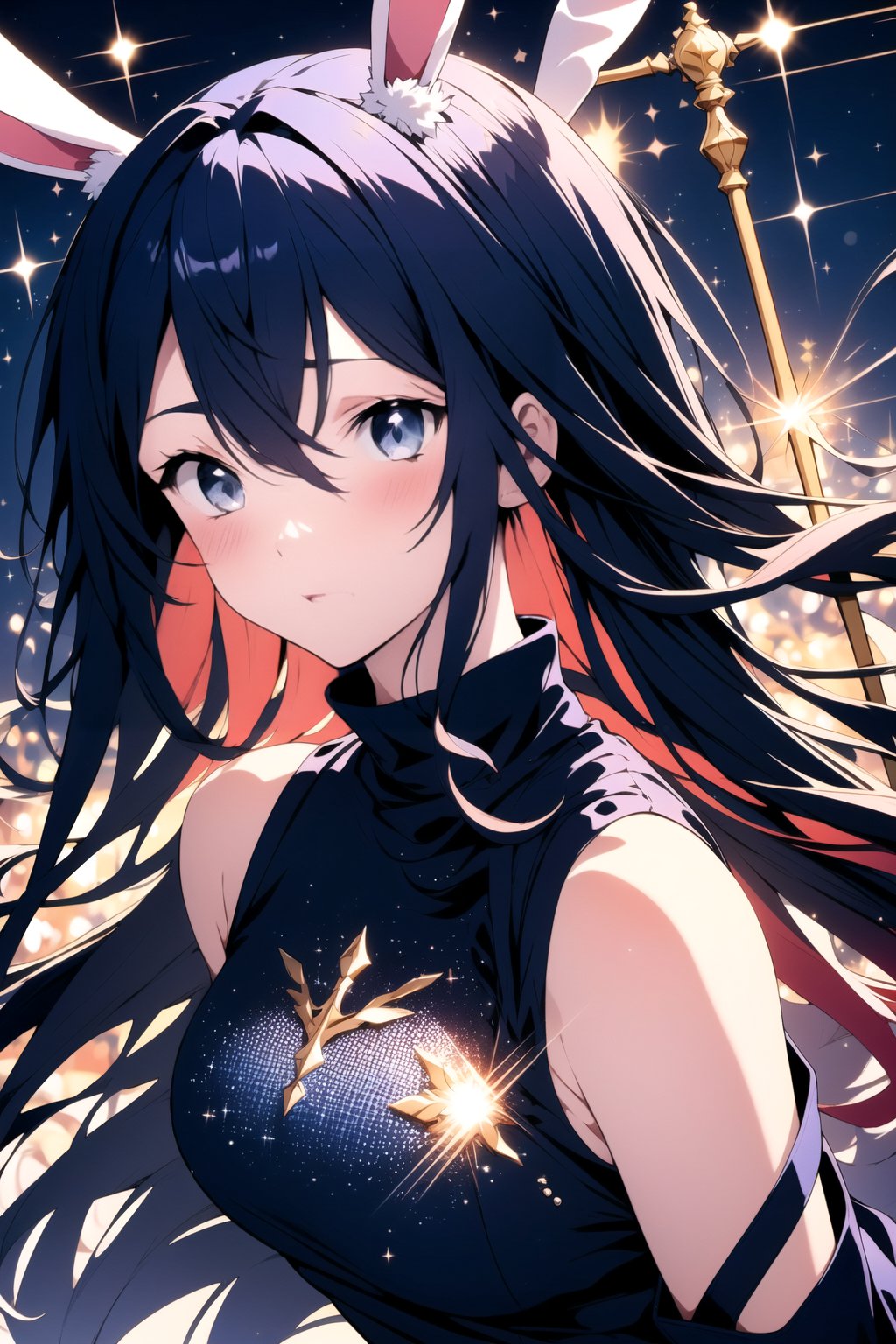 best quality, masterpiece, illustration, 1 girl, alone, dark blue sweatshirt, bunny ear, dark blue hair, sparkling eyes, floating_hair, cute outfit, High detailed , blushing, (two eyes different colors (sparkling one eye blue and eye the other red)), one eye blue, one eyes red, very_high_resolution,High detailed ,Color magic, sparkling daydream, facing_viewer, sparkling water, edgSDress, magical sceptre, dazzling magic effect, perfect eyes