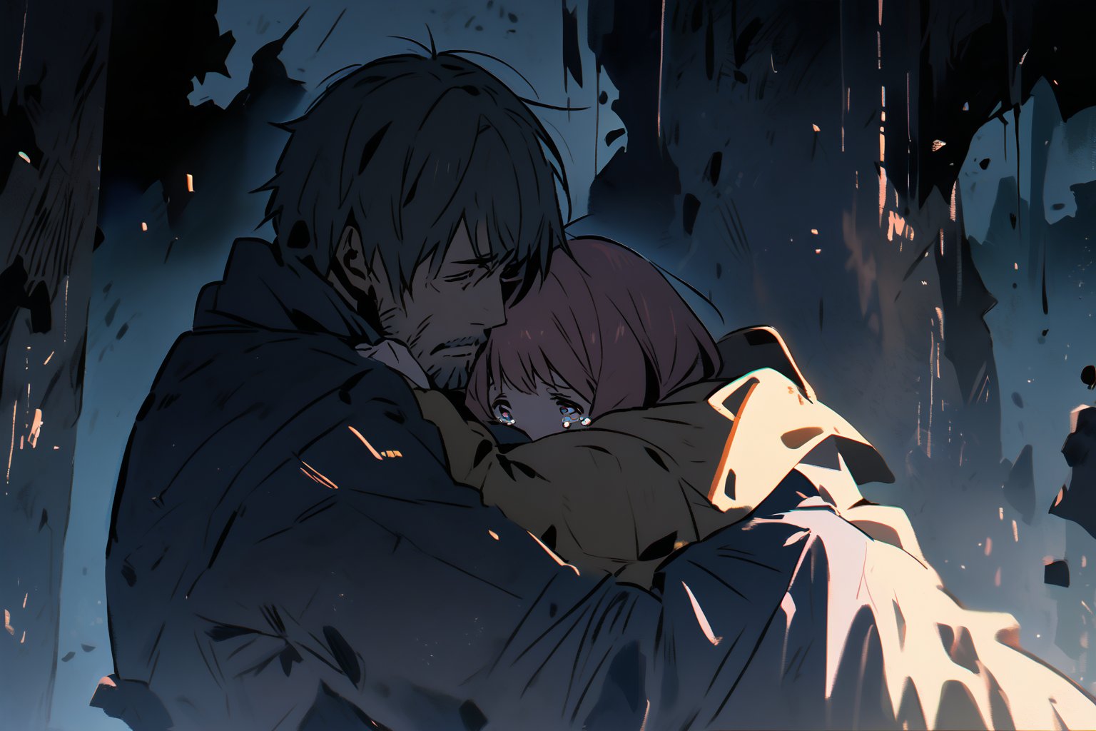 Father and daughter, hug, cold and sad atmosphere, decrepit background, image from afar, crying