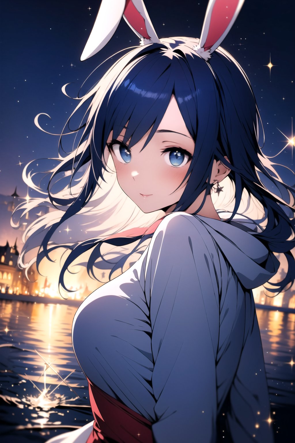 best quality, masterpiece, illustration, 1 girl, alone, dark blue sweatshirt, bunny ear, dark blue hair, sparkling eyes, floating_hair, cute outfit, High detailed , blushing, (two eyes different colors (sparkling one eye blue and eye the other red)), very_high_resolution,High detailed ,Color magic, sparkling daydream, facing_viewer, sparkling water, edgSDress, magical sceptre, dazzling magic effect, perfect eyes