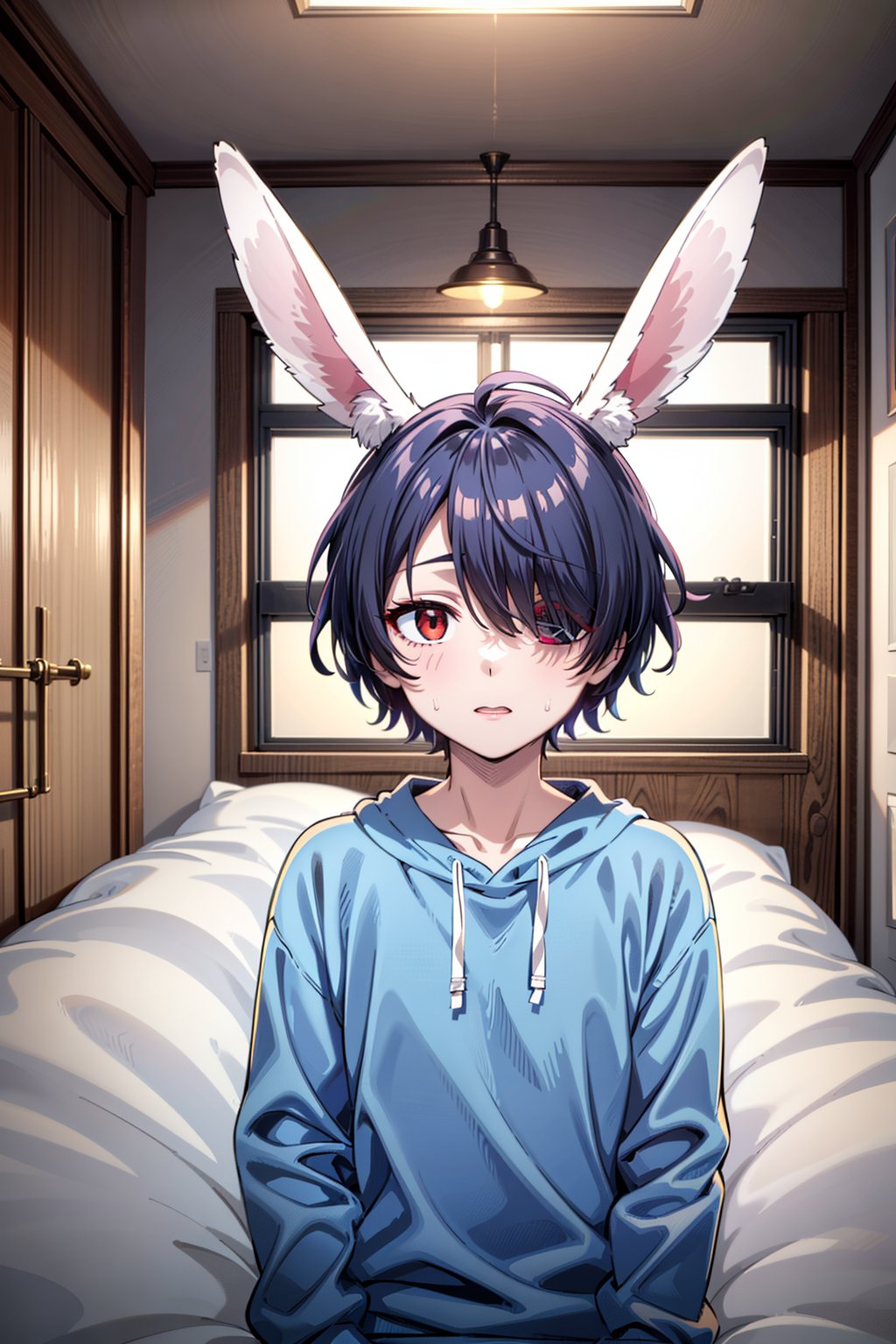 1boy rabbit boy, eyes of two colors, (((1eye red and the other 1eye blue))), black hair, dark blue sweatshirt,rabbit ears,doomerboy