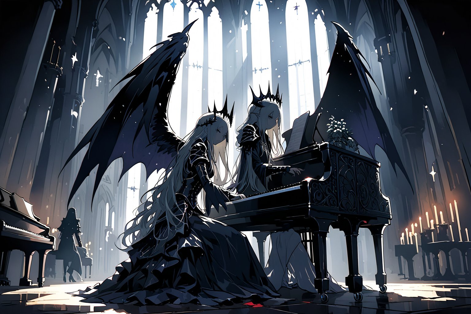 Anime style, a large winged vampire queen, sad, playing the piano, perfect and detailed face, finely complete armor, sitting, background inside a depressing church,