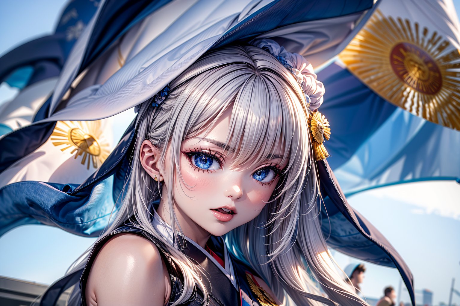 cenital plane,white skin flag of Argentina perfect and detail, person with the flag of Argentina in the background, epic,
,SakayanagiArisu,FLAG,YAMATO