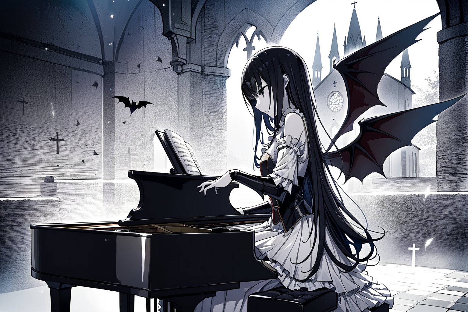 Anime style, A large winged vampire queen, sad, playing the piano, perfect detailed face, finely complete armor, sitting, depressing church background, DonMBl00mingF41ryXL,Saeko Busujima,Sadako Yamamura,Kayako Saeki