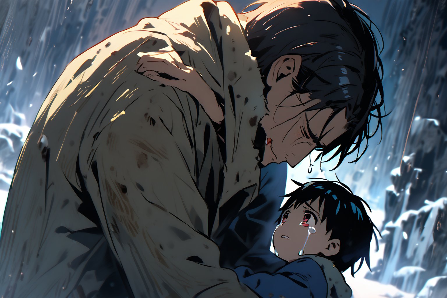 Father and son, hug, cold and sad atmosphere, decrepit background, image from afar, crying