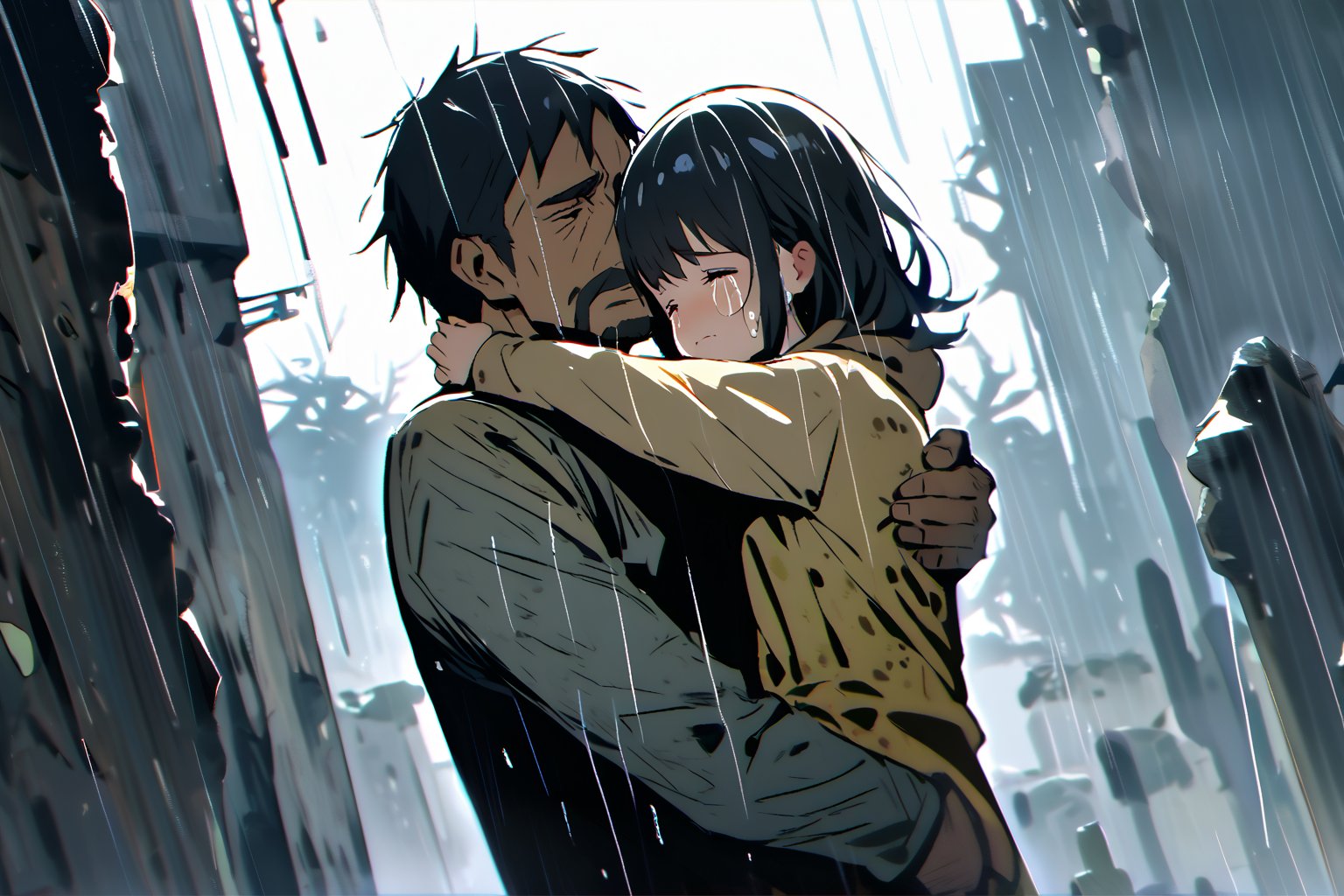 Father and daughter, hug, cold and sad atmosphere, decrepit background, image from afar, crying, rain