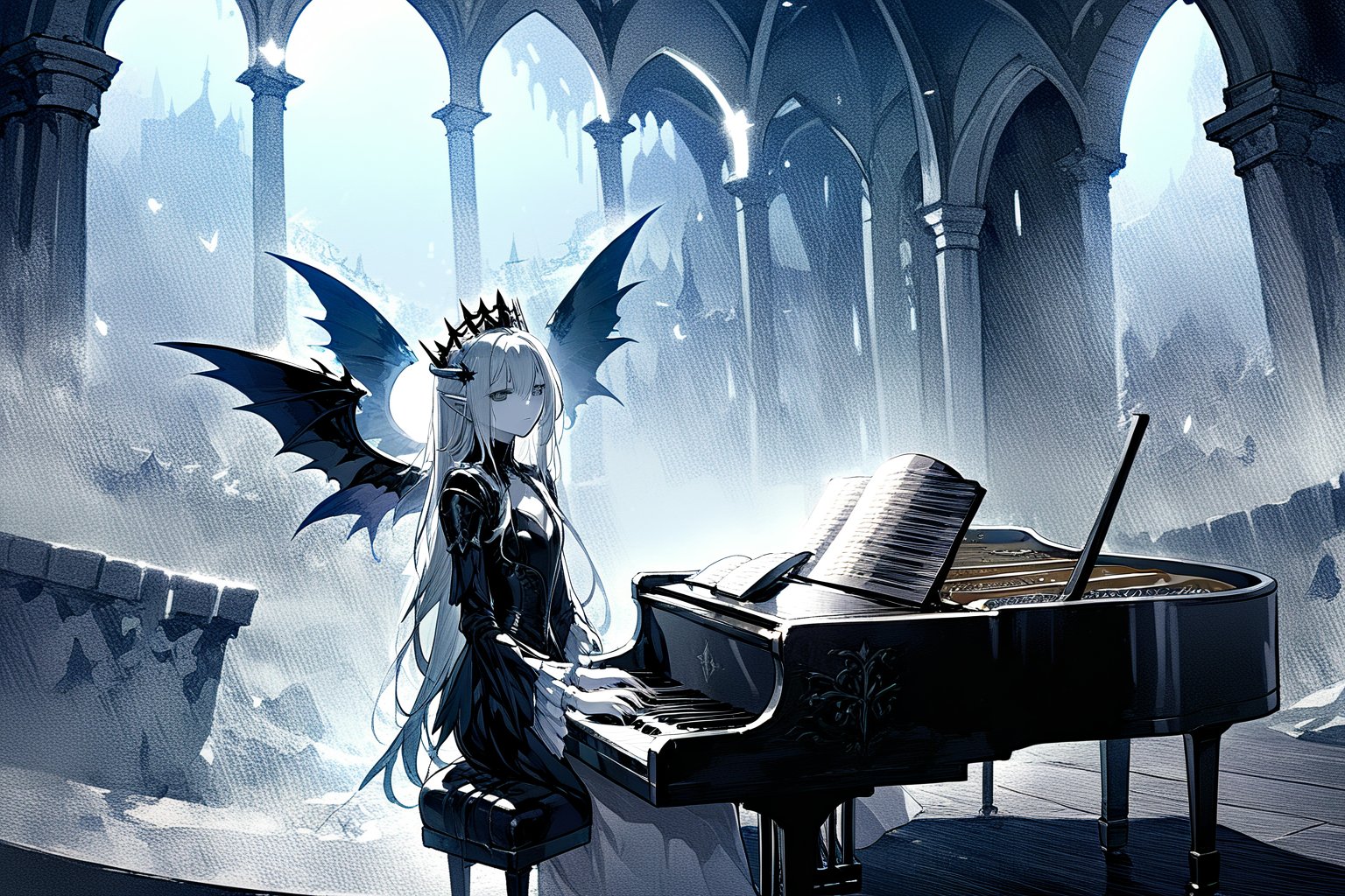 Anime style, a large winged vampire queen, sad, face perfect ultra detailed,  playing the piano, perfect and detailed face, finely complete armor, sitting, background inside a depressing church,