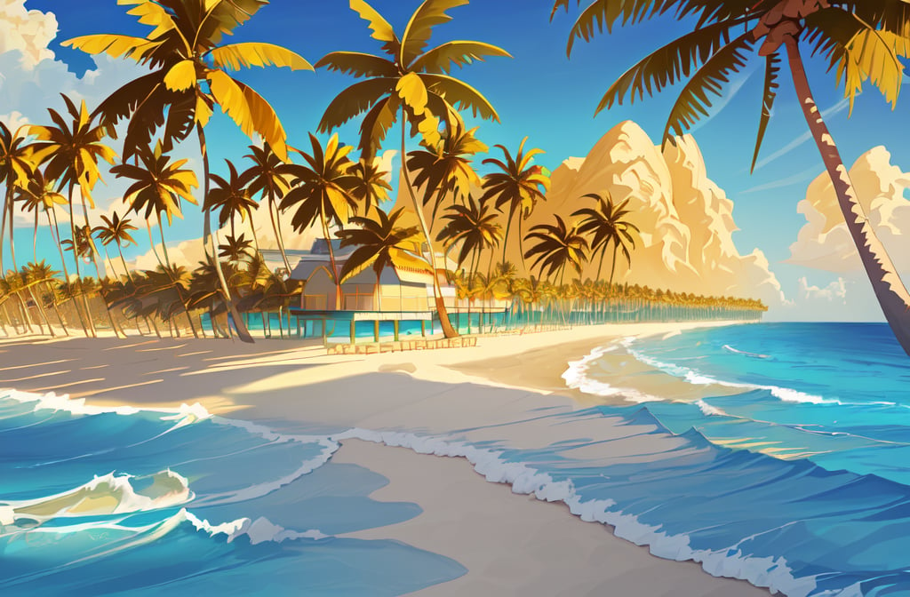 A Serene Tropical Paradise - Beautiful Golden Beach, Calm Blue Waves, and Majestic Palm Trees"

