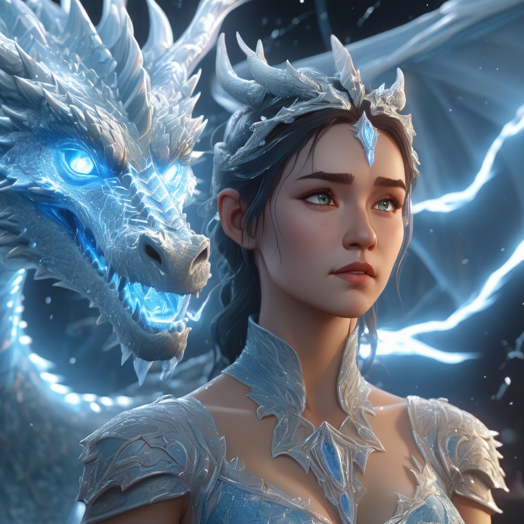 realistic, Ice Dragon, desolate, intricately detailed, artistic lightning, particles, beautiful, amazing, highly detailed, digital art, sharp focus, trending on art station,Read description,3d style,xxmix girl woman,lty,arcane