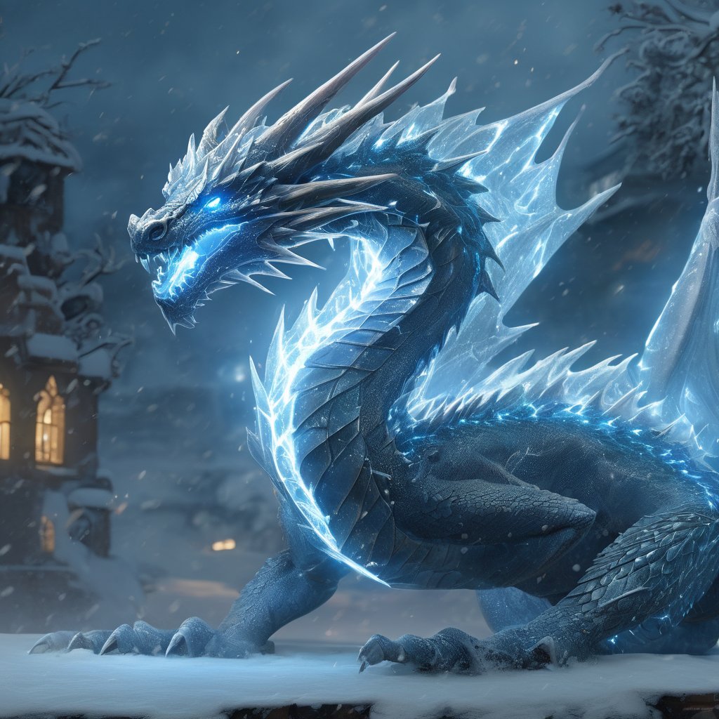 realistic, Ice Dragon, desolate, intricately detailed, artistic lightning, particles, beautiful, amazing, highly detailed, digital art, sharp focus, trending on art station,Read description,3d style,arcane,rcz1,greg rutkowski,lty