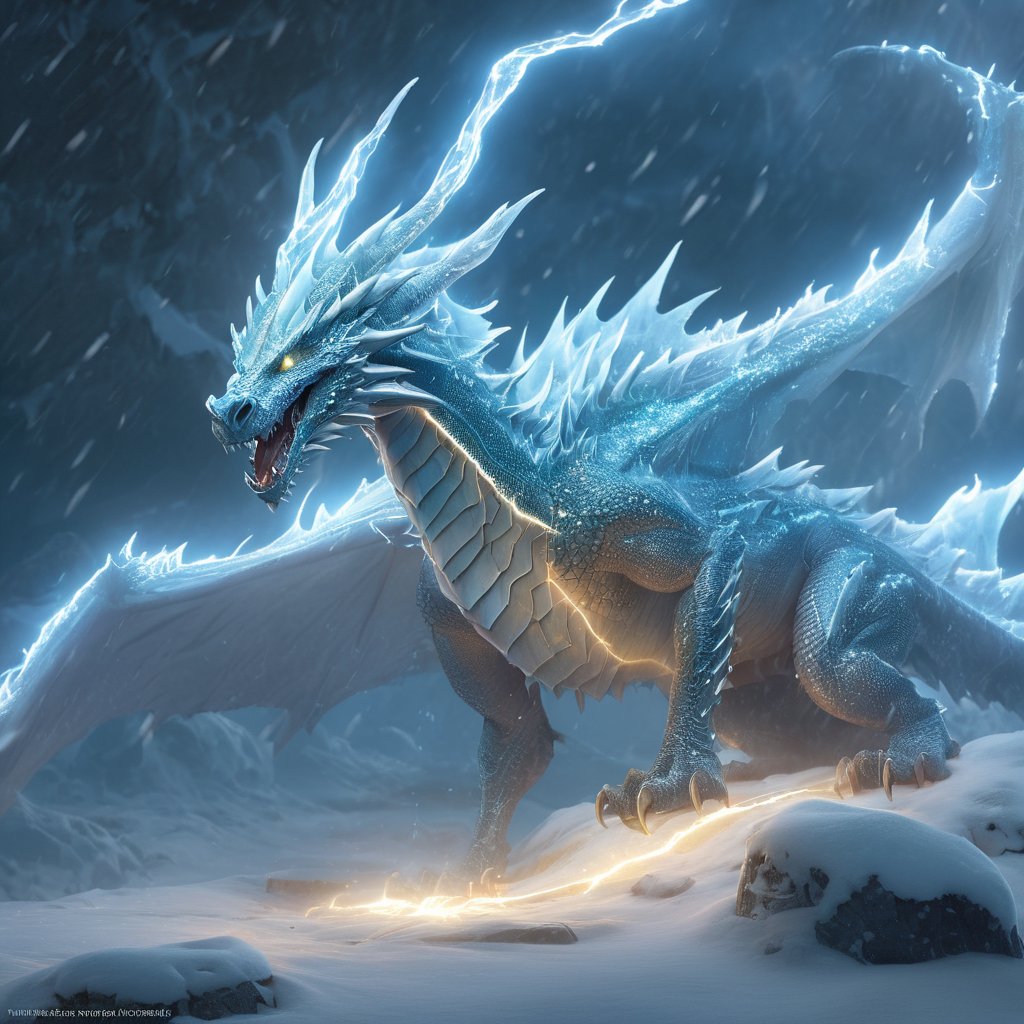 realistic, Ice Dragon, desolate, intricately detailed, artistic lightning, particles, beautiful, amazing, highly detailed, digital art, sharp focus, trending on art station,Read description,3d style,arcane,rcz1,greg rutkowski,lty