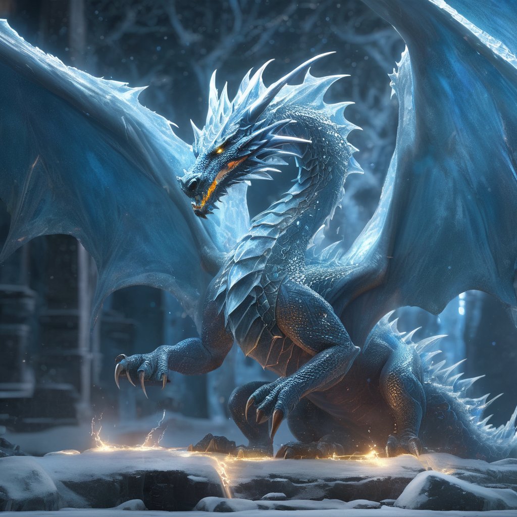 realistic, Ice Dragon, desolate, intricately detailed, artistic lightning, particles, beautiful, amazing, highly detailed, digital art, sharp focus, trending on art station,Read description,3d style,arcane,rcz1,greg rutkowski,lty