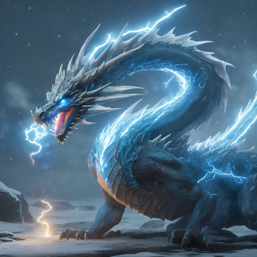 realistic, Ice Dragon, desolate, intricately detailed, artistic lightning, particles, beautiful, amazing, highly detailed, digital art, sharp focus, trending on art station,Read description,3d style,arcane,rcz1,greg rutkowski,lty