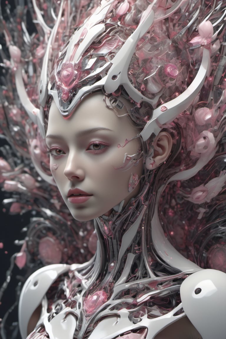 Centralized, Realistic look, fractal:1.2, petals:1.1, Cyborg body parts in highly detailed of (petal queen), fractal art style, white and pink, octane render, intricate detailed, fantasy art, dreamy, beautiful, thing that never been seen before, digital illustration,micro details,cyborg style,Leonardo Style