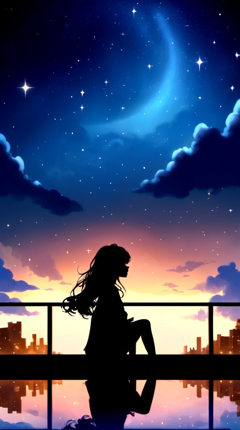Scenery ,1girl ,silhouette, night sky, solo outdoor, sitting, cloud, octans, sky, stars, scenery, starry sky, night, long-wavy-hair, silhouette, BohoStyle cityscape, 
