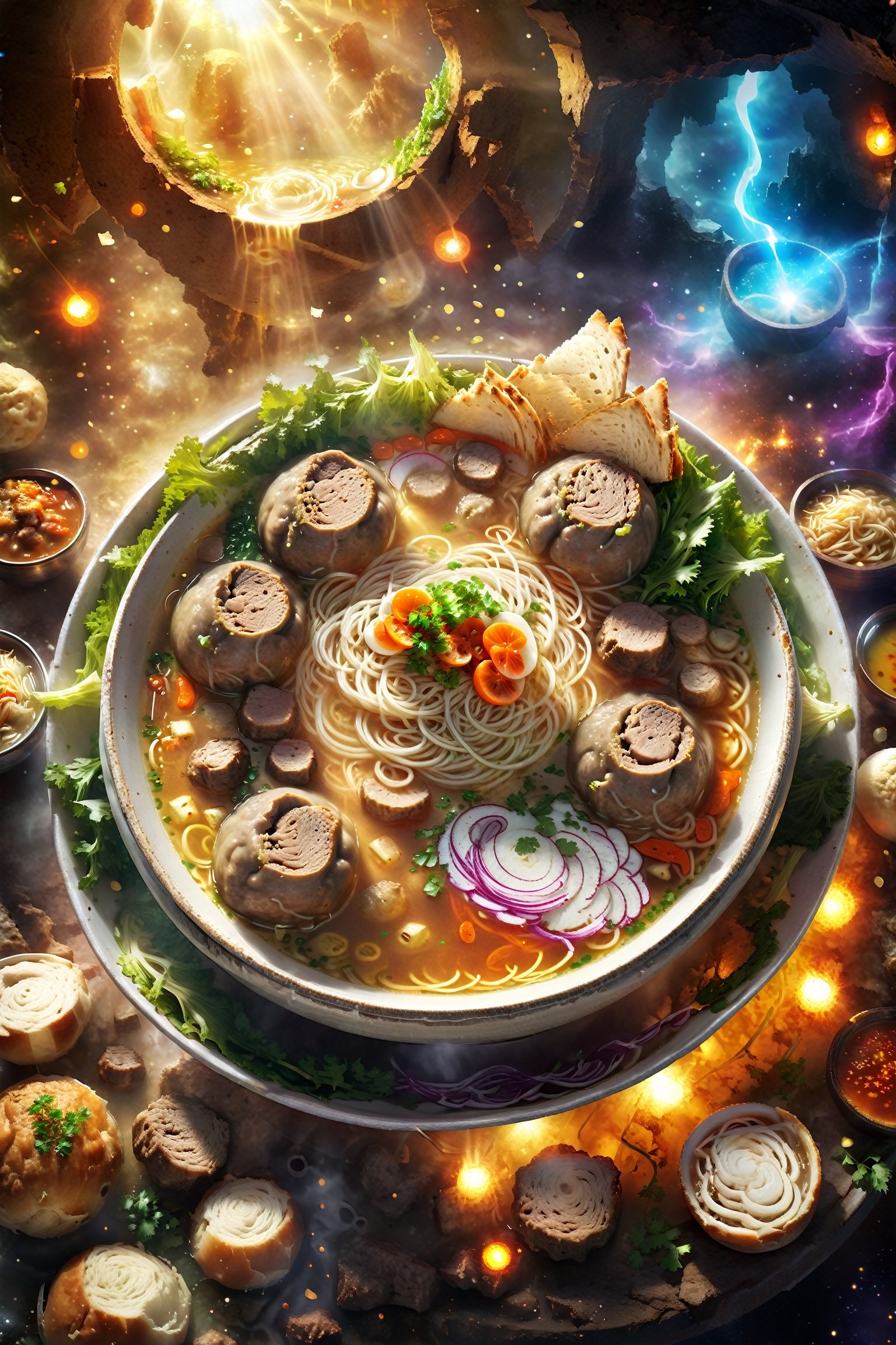 Food photograph, a bowl of epic bakso, yummy look, fantasy, magical , glowing cellery, sparkling soup,Magical Fantasy style,booth